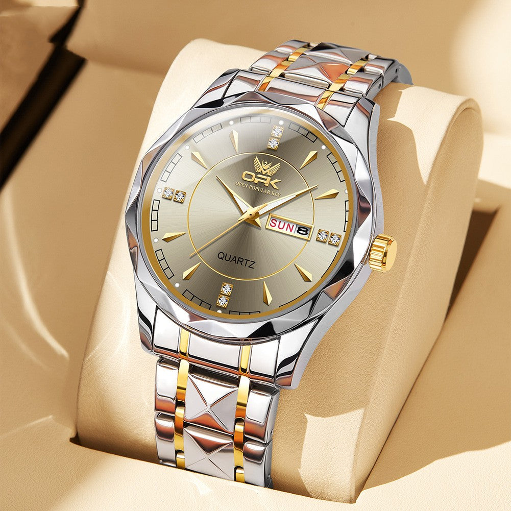 Stainless Steel Business Double Calendar Watch - 30M Waterproof Men's