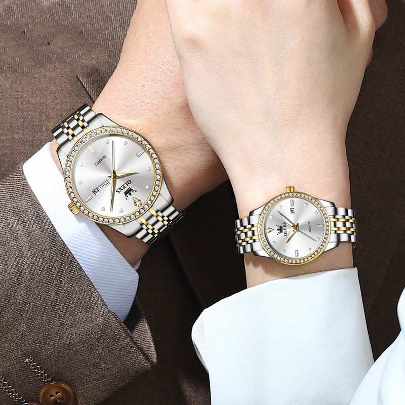 Diamond-Embedded Couple's Watch Pair - Trendy Waterproof Business Set