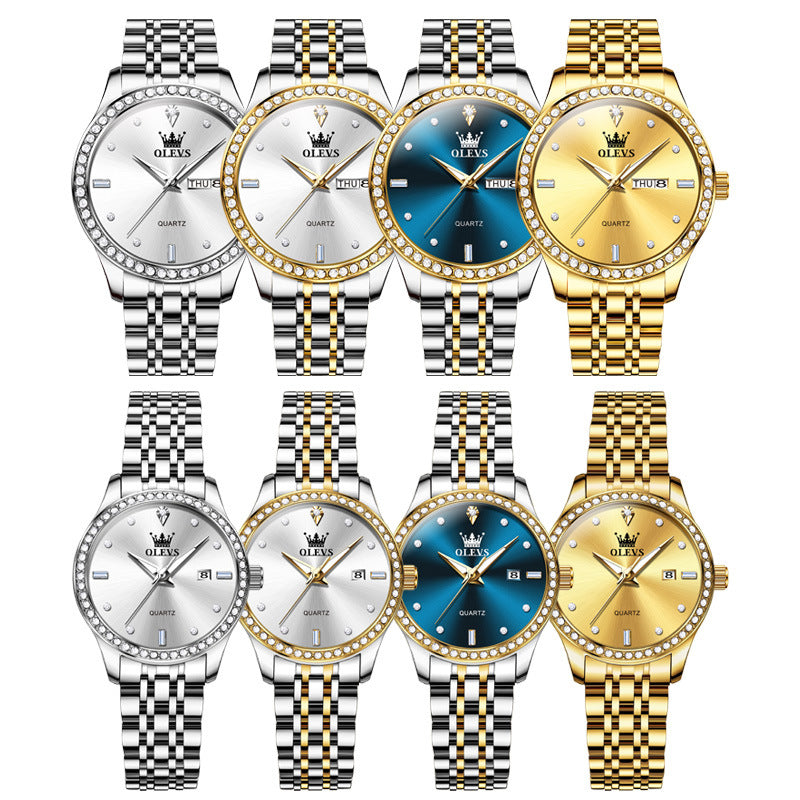 Diamond-Embedded Couple's Watch Pair - Trendy Waterproof Business Set