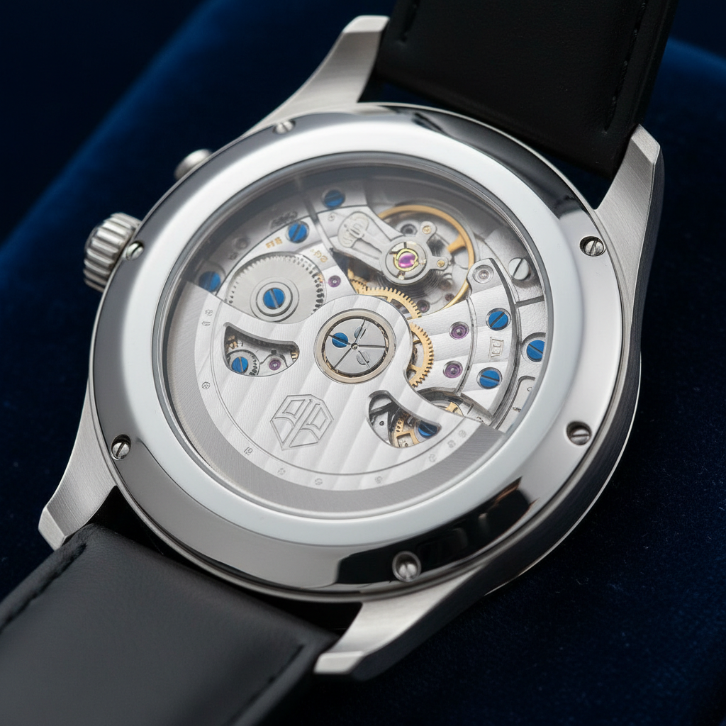 Exhibition case back showing movement