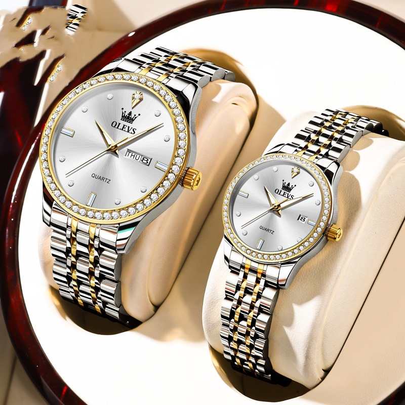 Diamond-Embedded Couple's Watch Pair - Trendy Waterproof Business Set