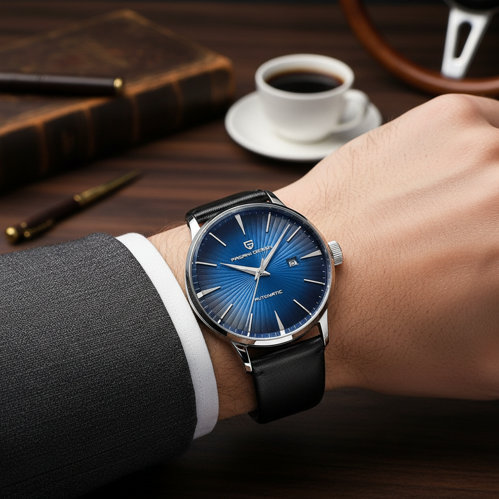 Lifestyle shot of PAGANI DESIGN automatic watch with leather strap