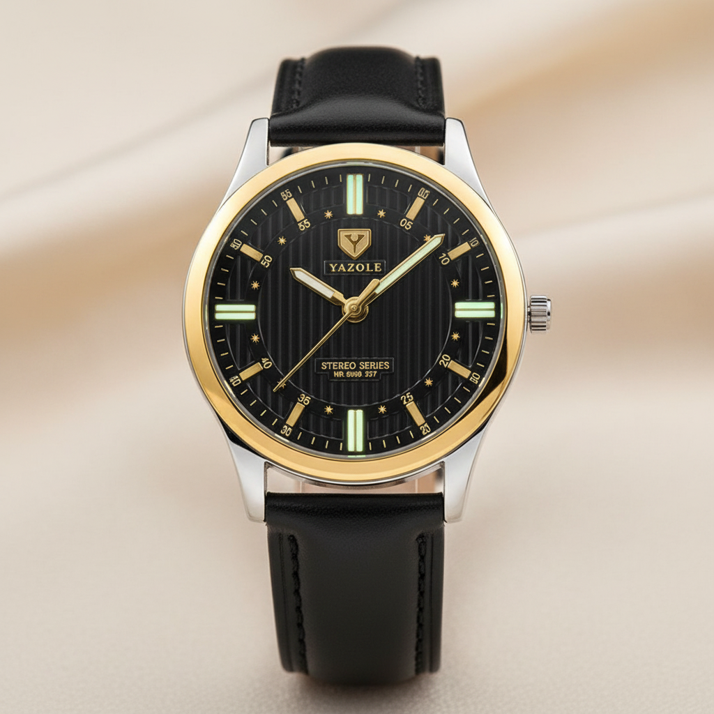 Close-up of business watch dial showing luminous markers