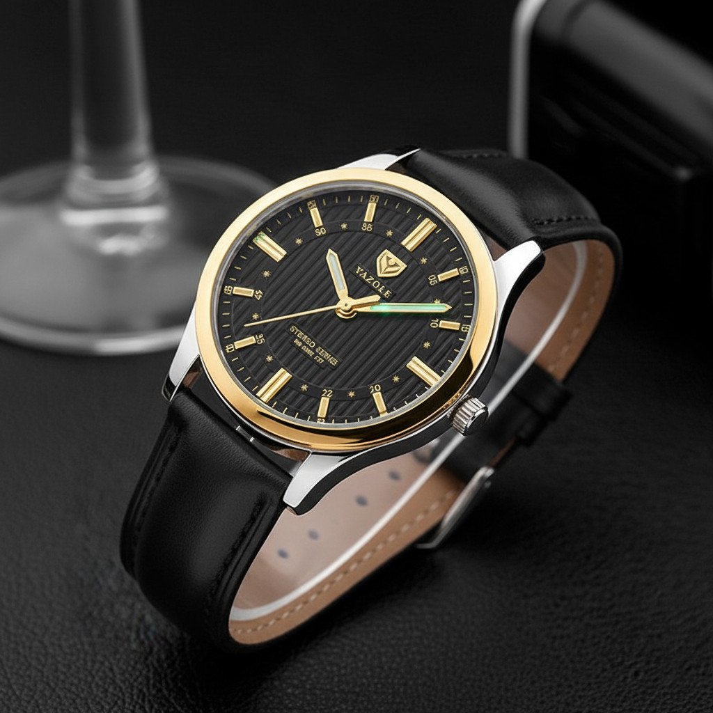 Men's business quartz watch with luminous markers and waterproof design