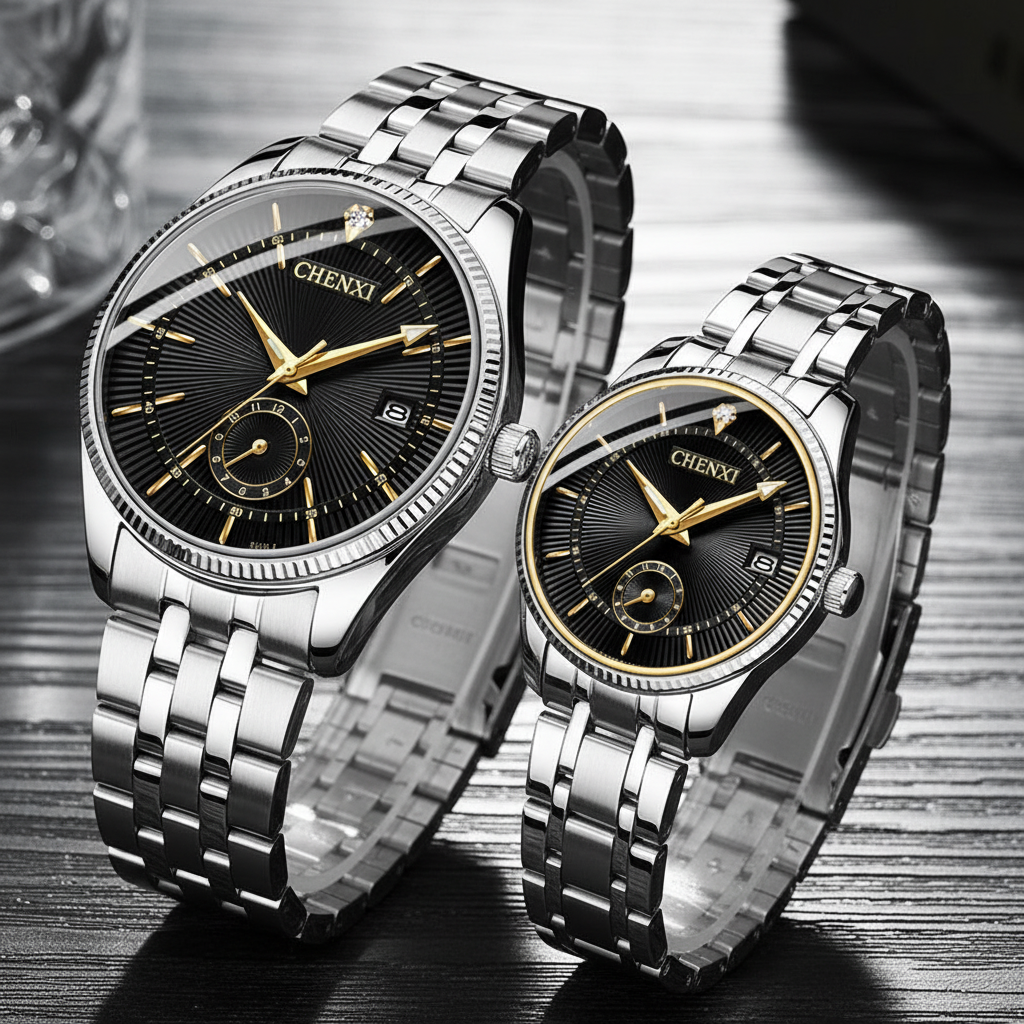 CHENXI couple quartz watch set with stainless steel bands