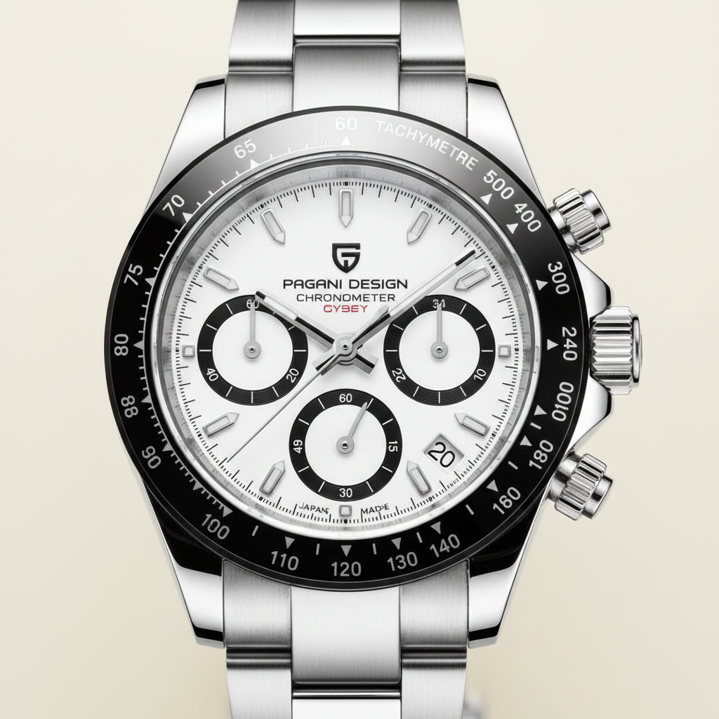 Close-up of multifunctional watch dial showing multiple sub-dials