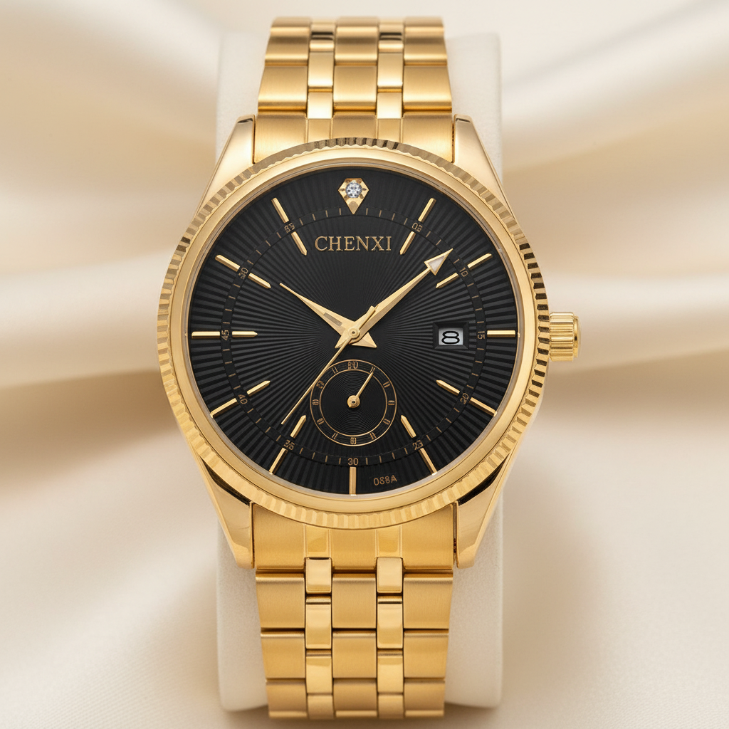 Close-up of quartz watch dial showing clean design