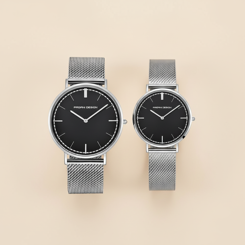 Close-up of PAGANI couple watches showing ultra-slim 7mm profiles