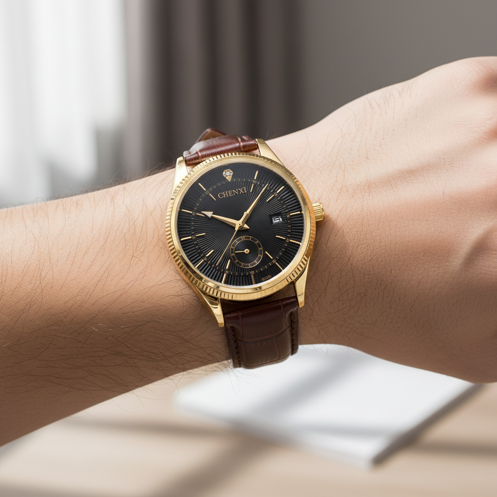 Lifestyle shot of quartz watch with leather strap on wrist