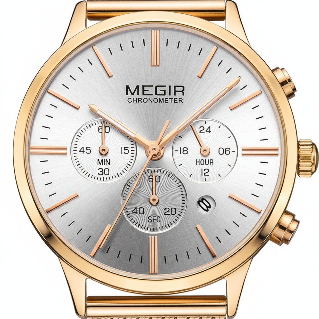 Close-up of ladies chronograph dial showing sub-dials and calendar