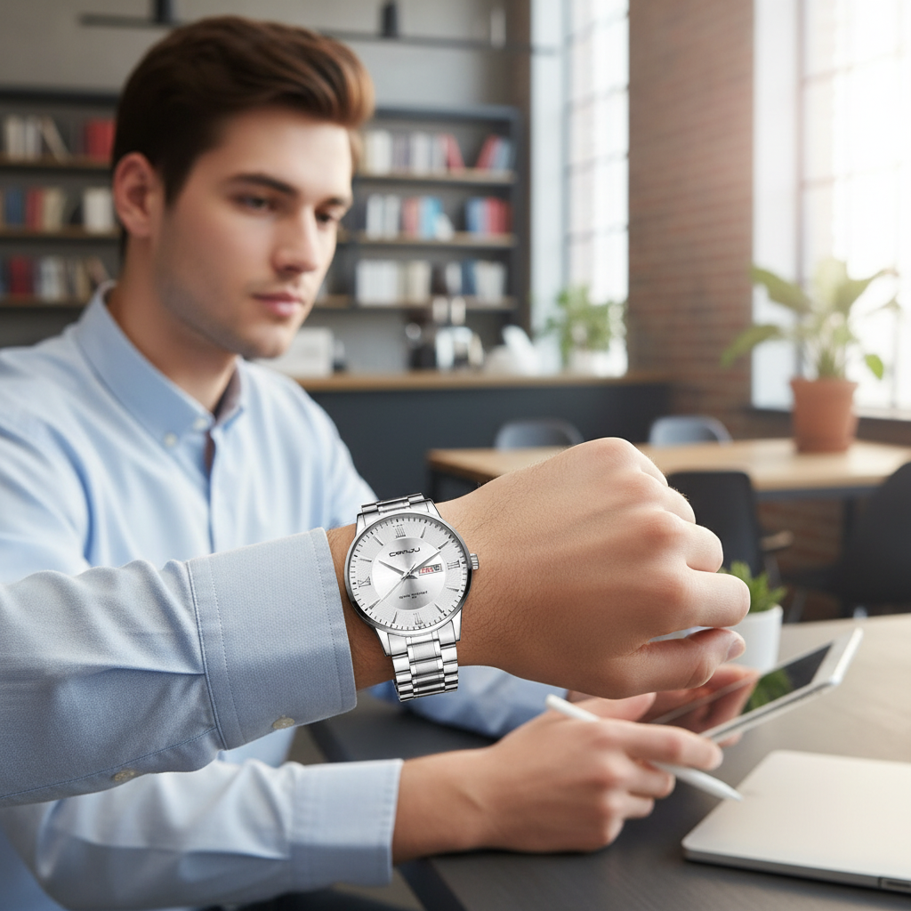 Lifestyle shot of student watch worn by young professional