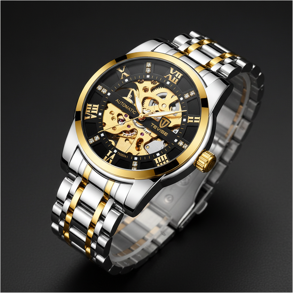 TEVISE men's automatic mechanical watch with hollow dial design