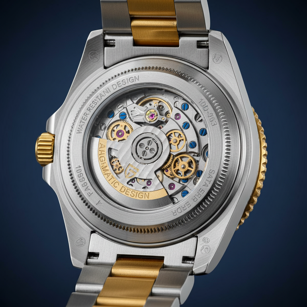 Exhibition case back revealing automatic self-wind movement