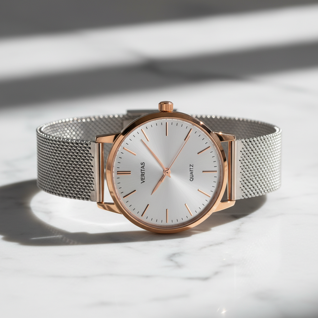 Premium mesh strap quartz watch hero shot on marble surface
