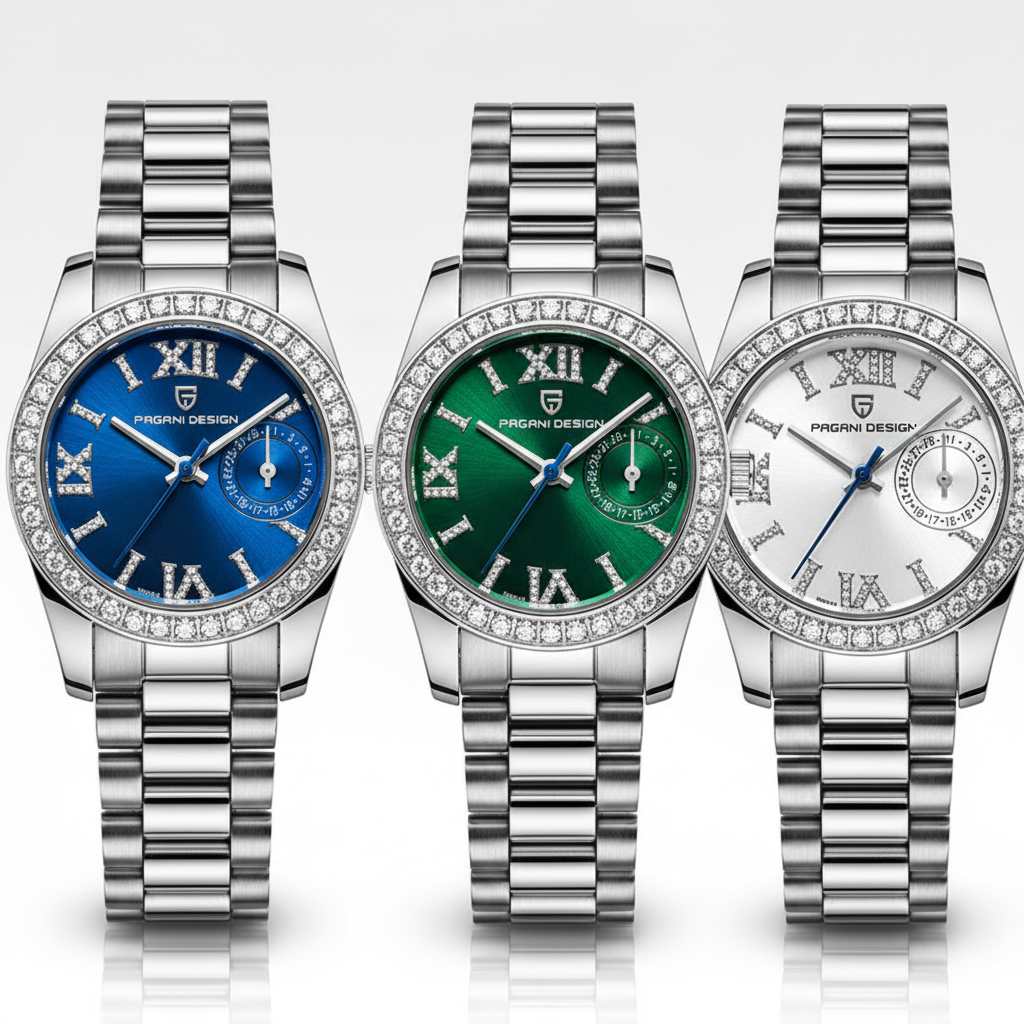 Close-up of women's watch showing blue, green, or white dial options