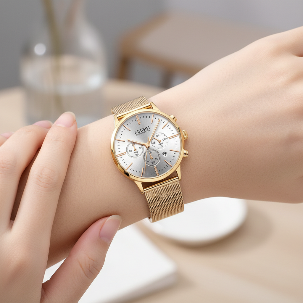 Lifestyle shot of elegant ladies chronograph watch on wrist