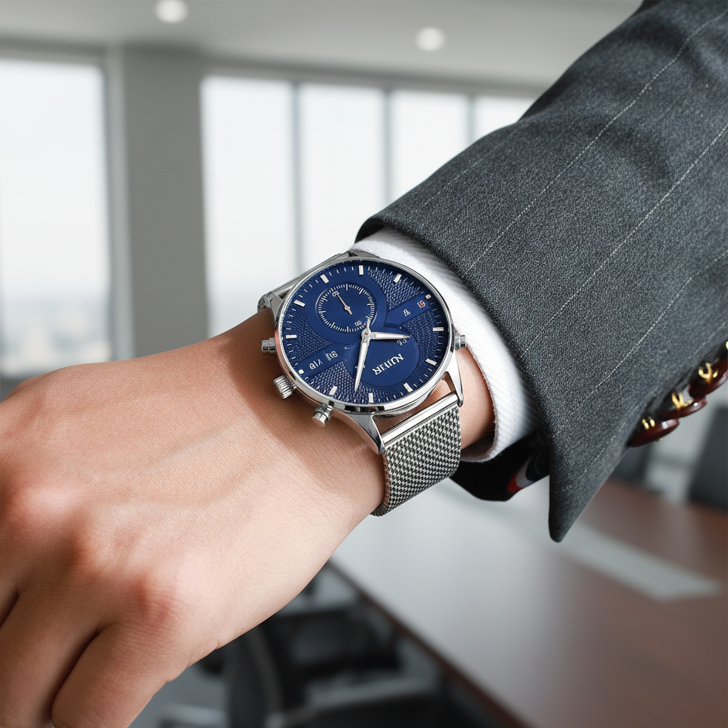 Lifestyle shot of waterproof business watch in professional setting