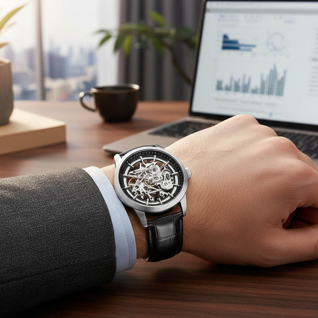 Lifestyle shot of PAGANI mechanical watch with leather strap