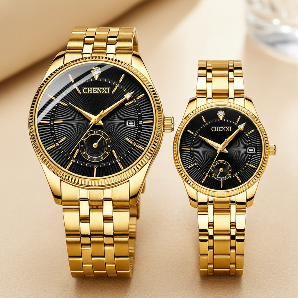 Close-up detail of CHENXI couple watches showing calendar function