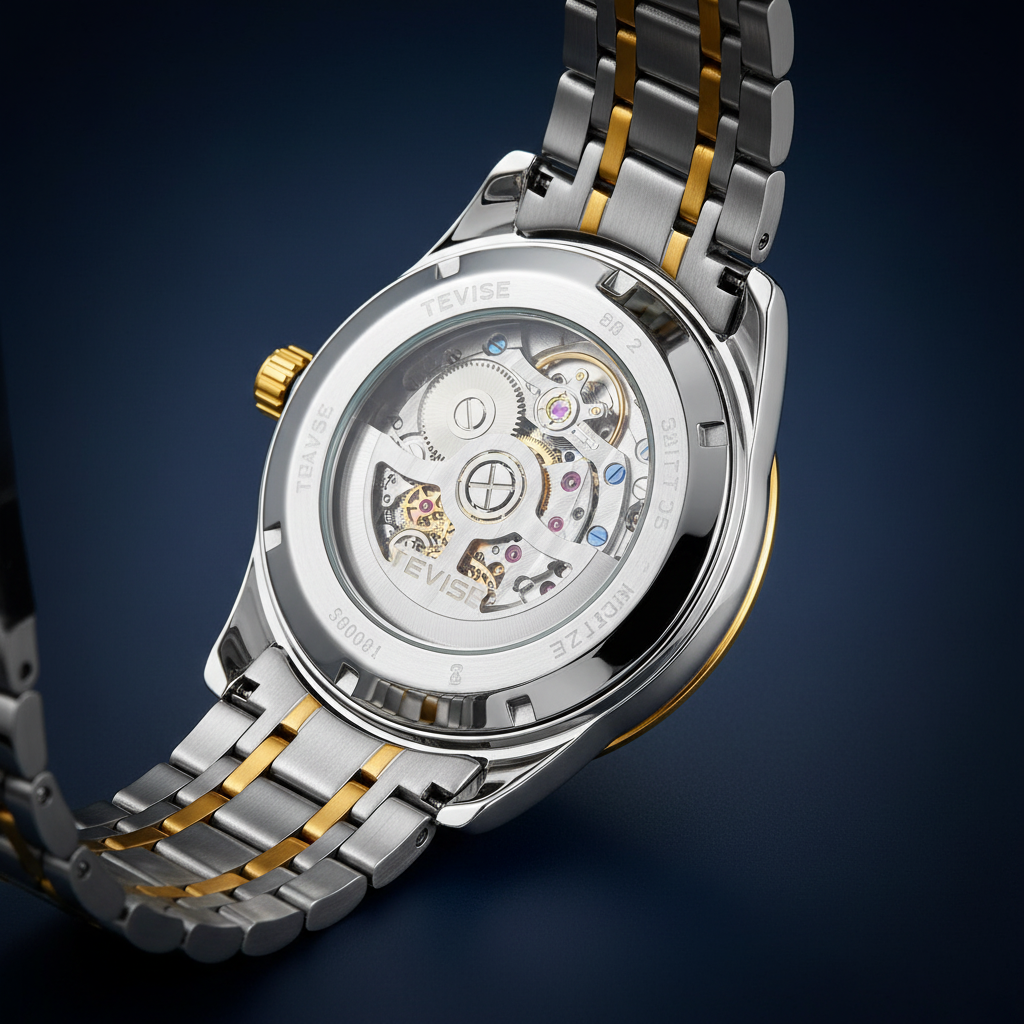 Exhibition case back revealing complete automatic movement