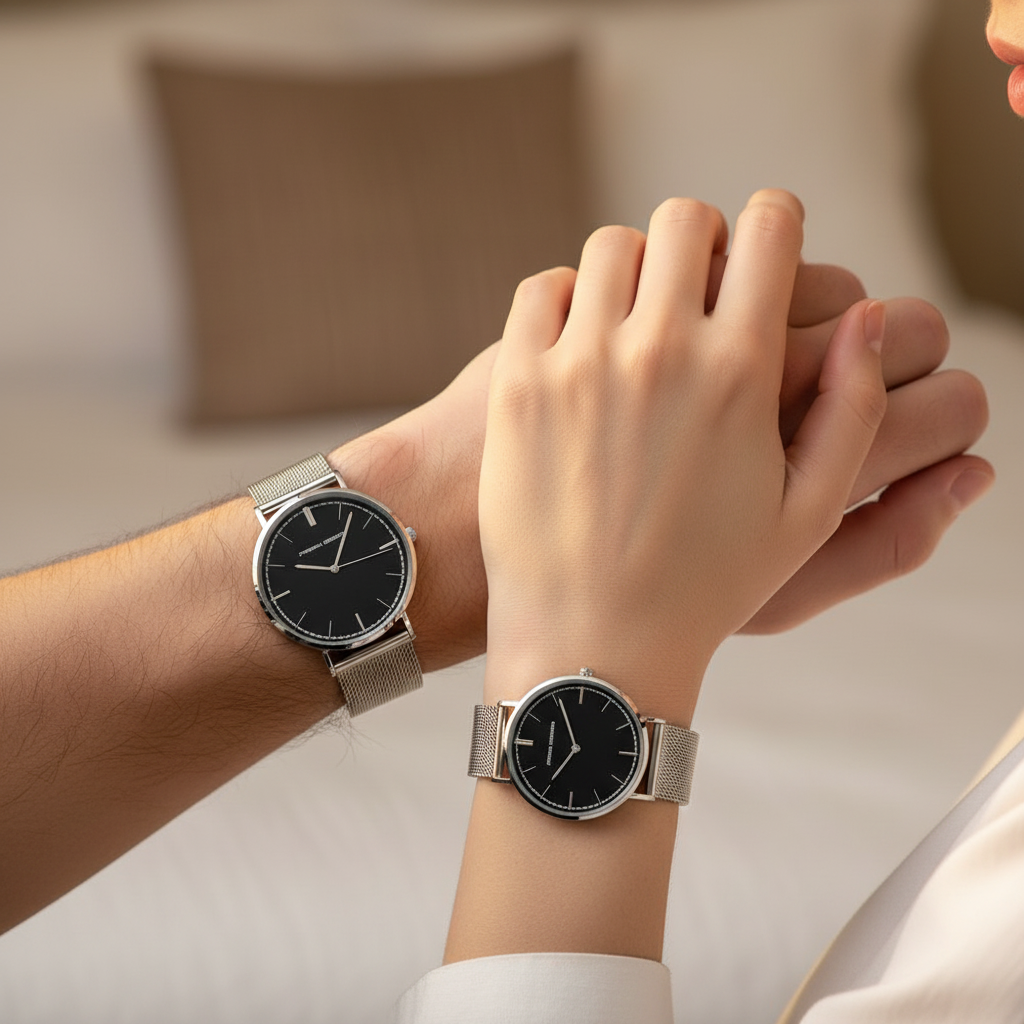 Romantic lifestyle shot of PAGANI couple watches worn together