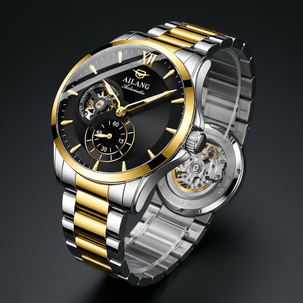 Men's hollow-out mechanical watch with visible movement and waterproof design