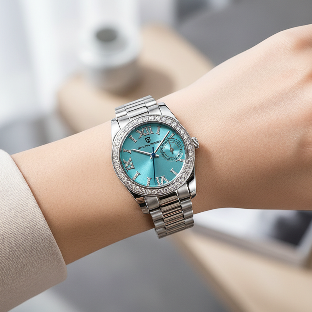 Lifestyle shot of elegant women's stainless steel watch on wrist